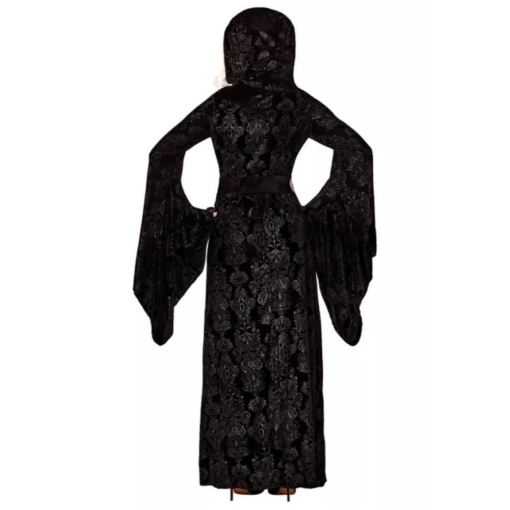 Spirit Halloween Black Velvet Damask Hooded Bell Sleeve Goth Robe Dress S/M